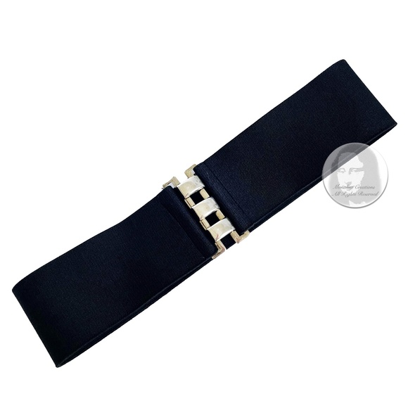 Wide Belt with Abstract Silver Metal Clasp Black Stretch Belt Strap Vintage - Picture 1 of 11